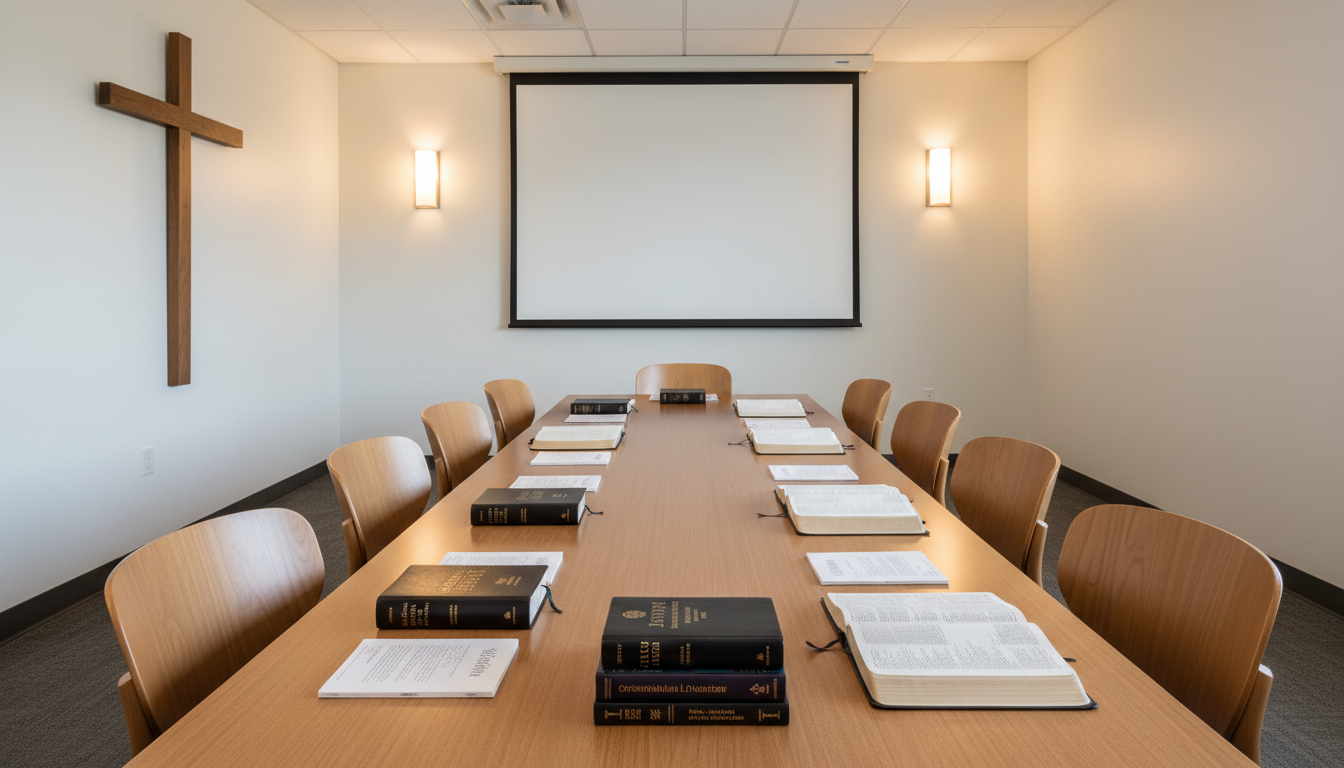 Academy curriculum resources — Bible, scrolls, and shield on a scholar's desk